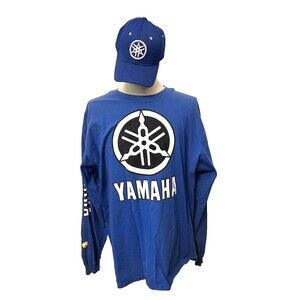 Vtg Yamaha Metro Racing Long Sleeve T-Shirt Adult XXL Motorcycle Blue +Mesh Hat